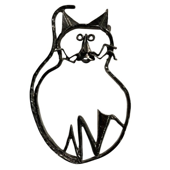 Vintage Large Cat Cartoon Brooch Bronze Tone Outline Silhouette Cat Lady 80s - Picture 1 of 6